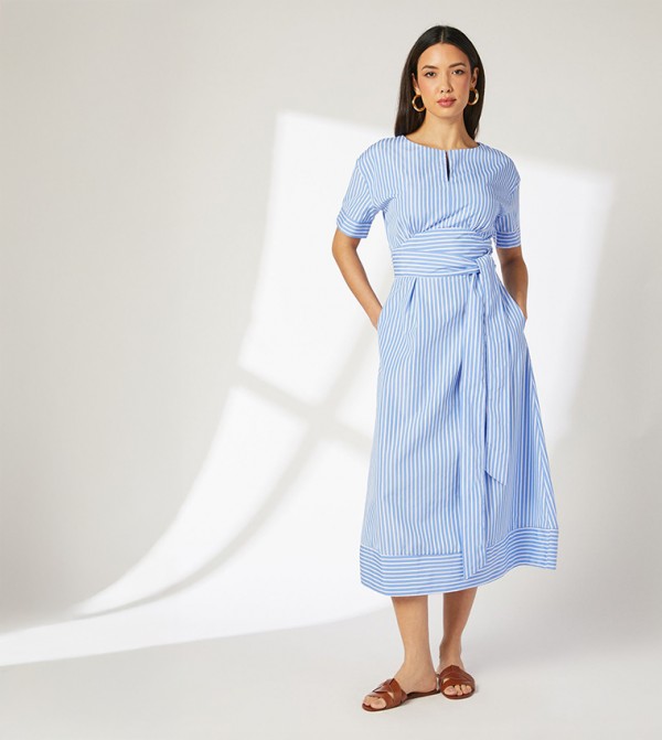 Striped Wide Belt Poplin Midi Dress