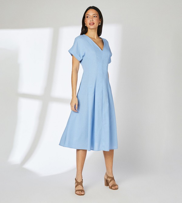 Linen Blend Pleat Detail Midi Dress