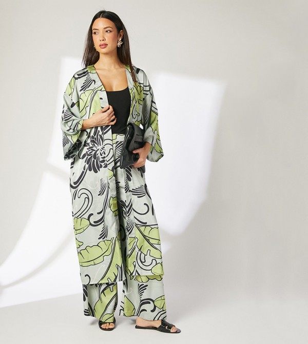 Leaf Printed Satin Kimono