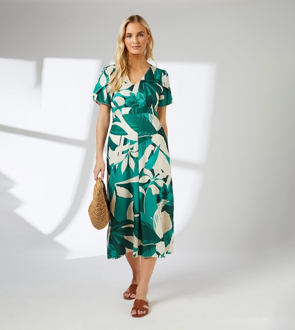 Leaf Print Woven Midi Dress