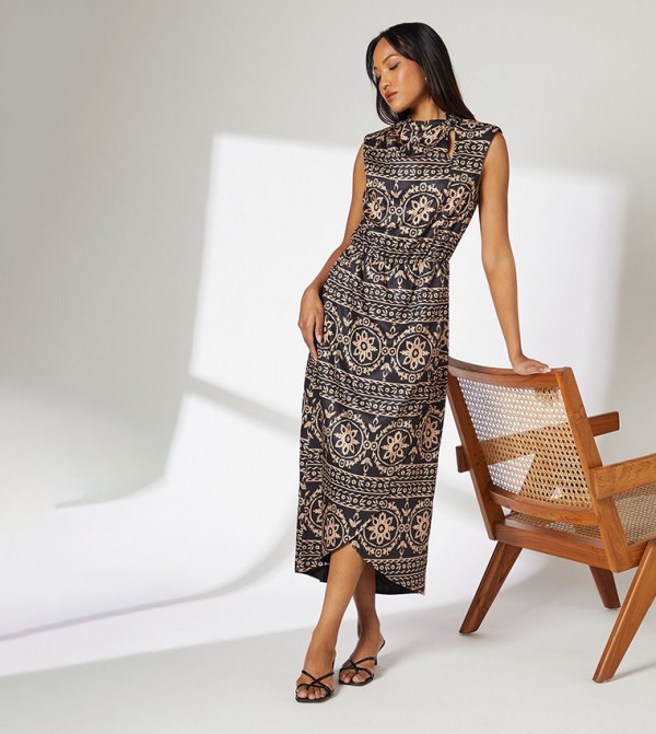 Tile Print Cowl Neck Woven Midi Dress