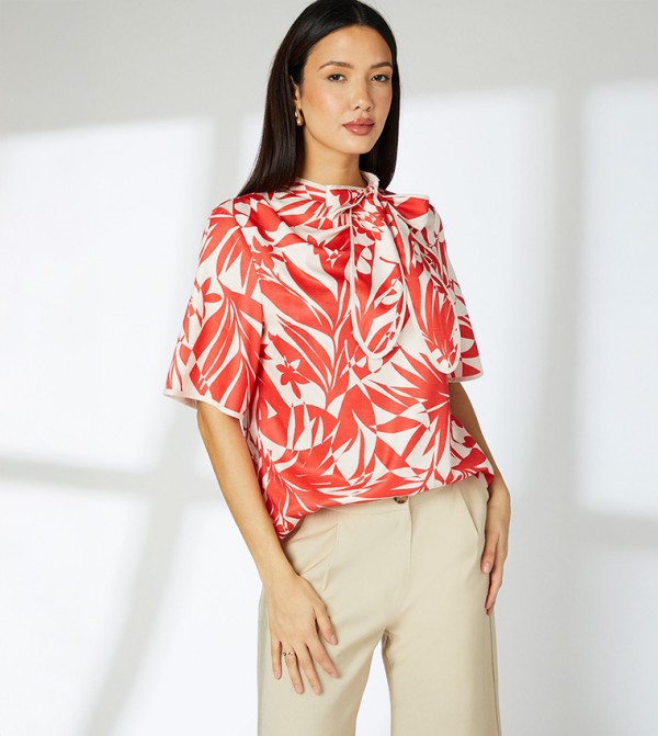 Leaf Print Tie Neck Piped Detail Top
