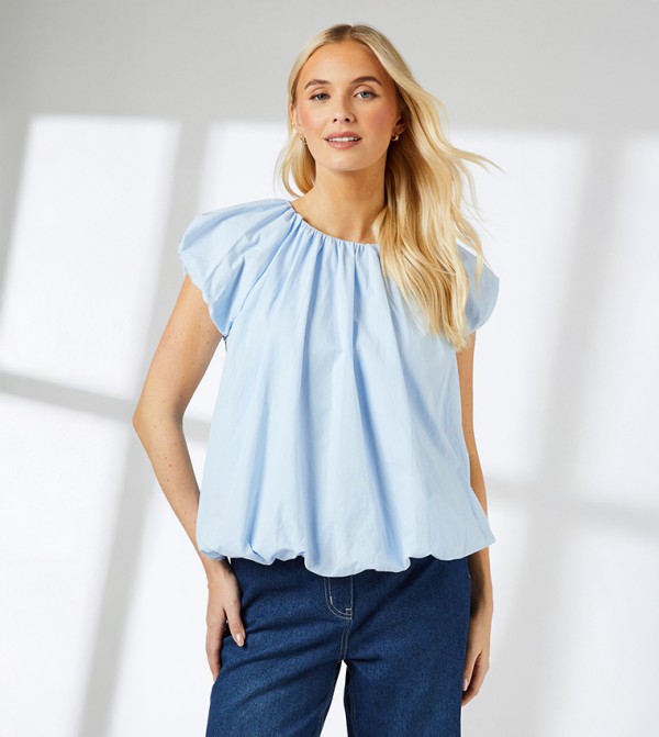 Crew Neck Poplin Bubble Hem Top