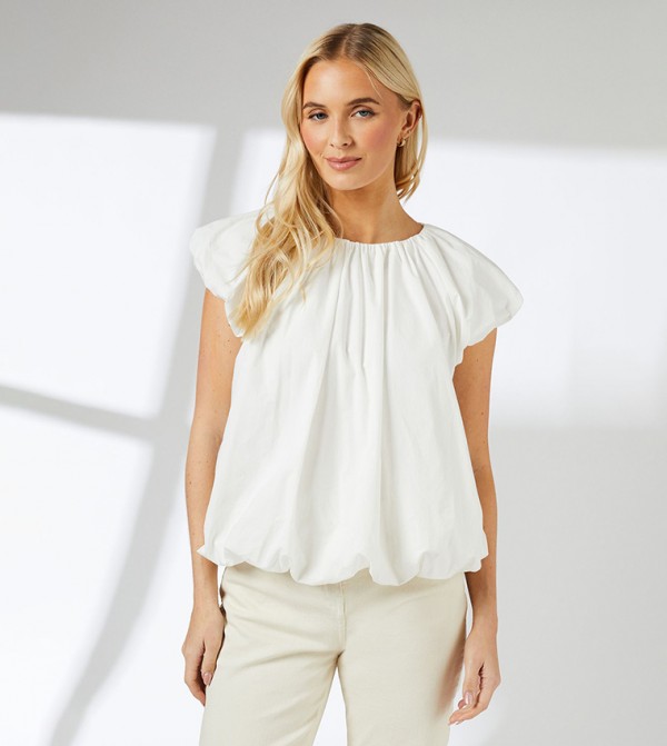 Poplin Short Sleeves Bubble Hem Top