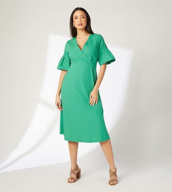 Cotton Poplin Pleat Sleeves Midi Dress