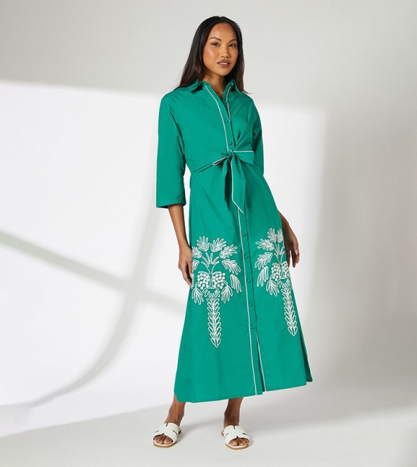 Embroidered 3/4 Sleeves Midi Shirt Dress