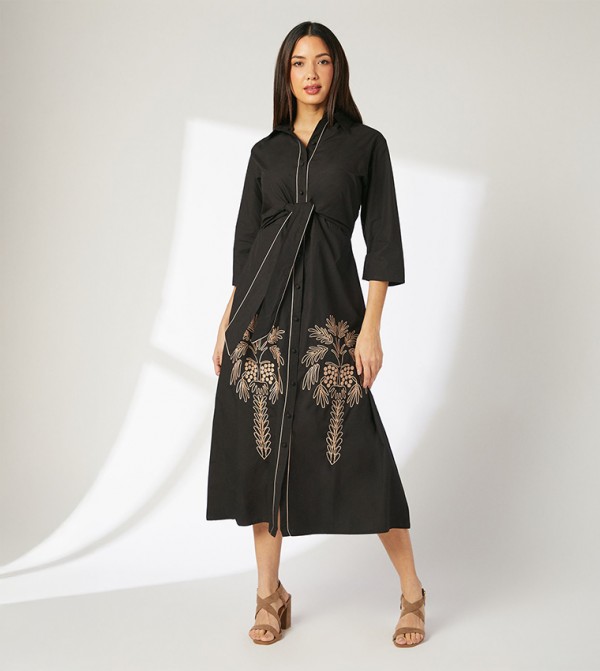 Embroidered Detail Tie Front Shirt Dress