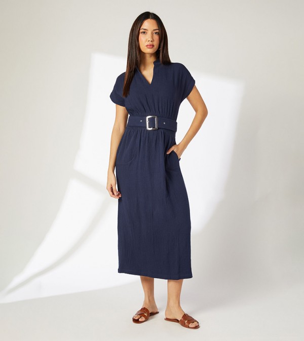 Gauze Belted Short Sleeves Midi Dress