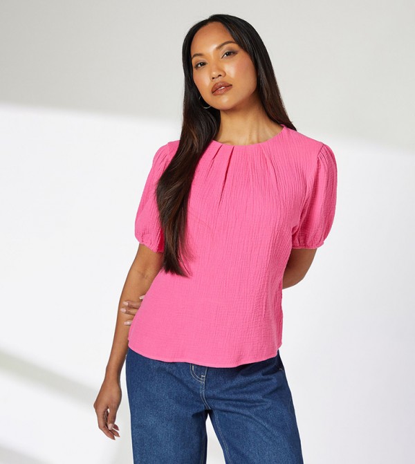 Gauze Pleated Crew Neck Top