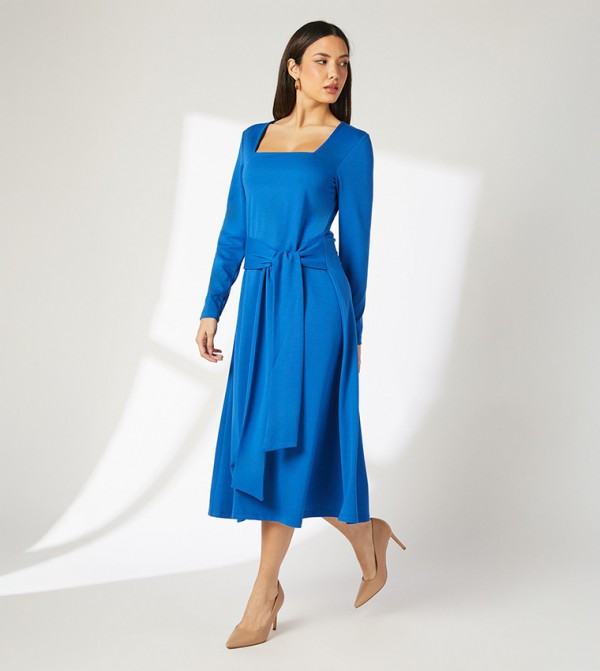 Square Neck Belted Ponte Midi Dress