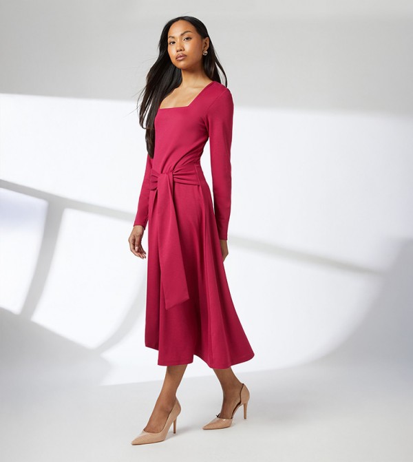 Square Neck Belted Midi Dress