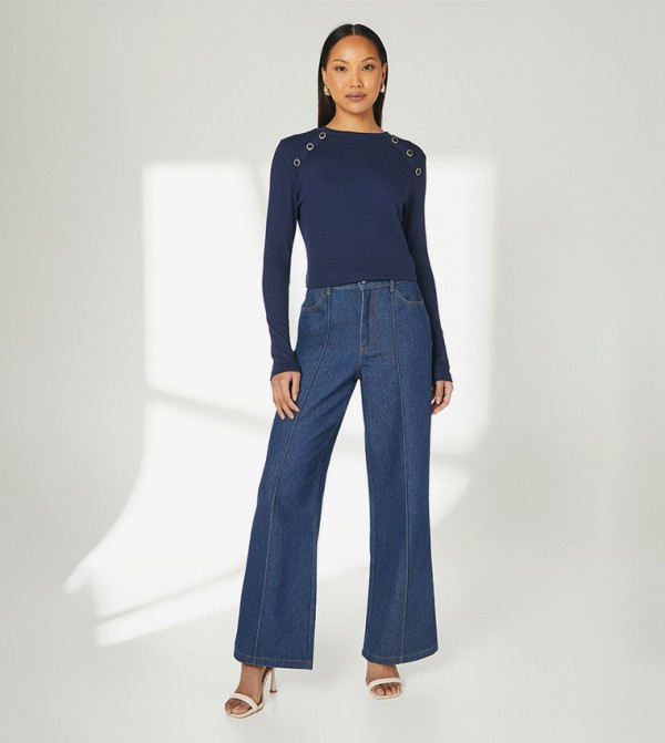 Button Detail Ribbed Long Sleeves Top