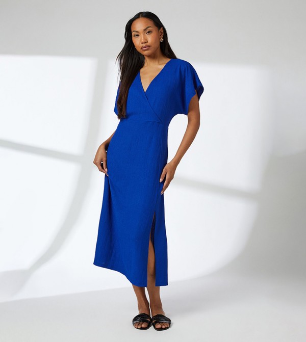 Solid Short Sleeves Wrap Midi Dress