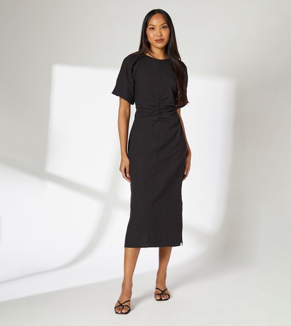 Textured Puff Sleeves Midi Dress
