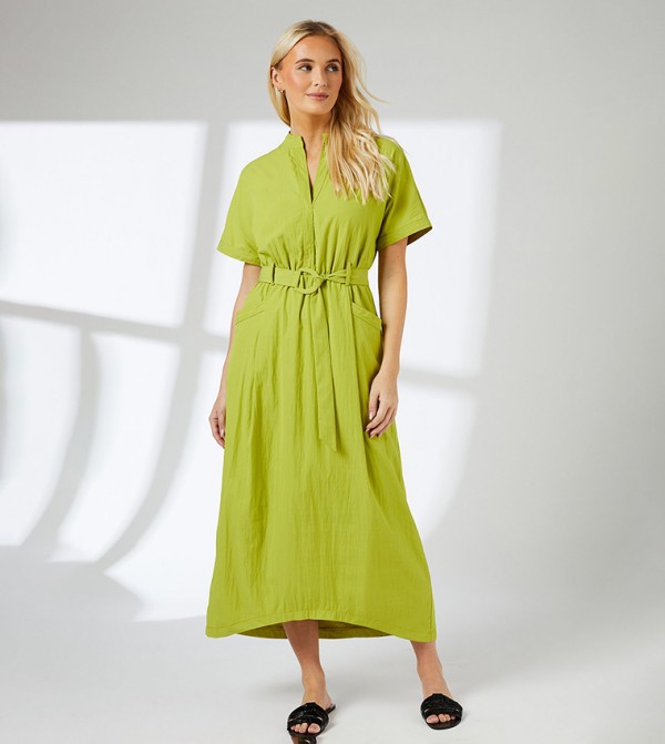Belt Detail Woven Midi Dress