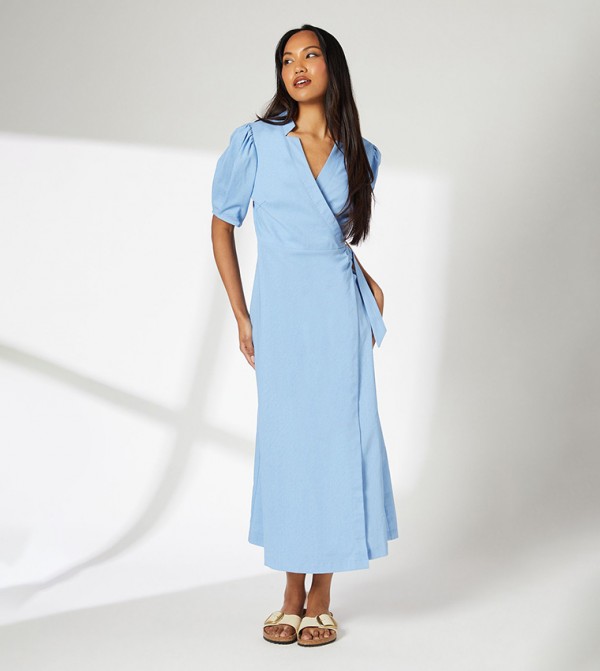 Belted Short Sleeves Wrap Midi Dress