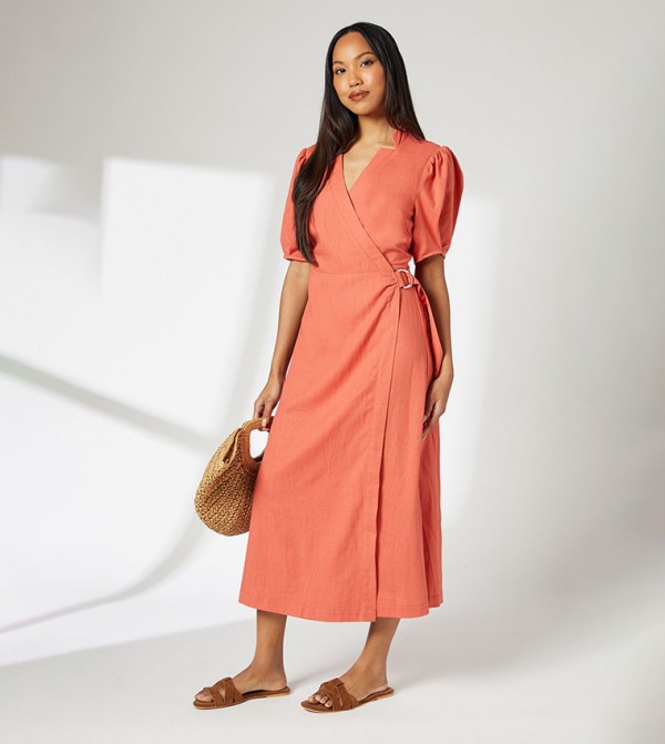 Terracotta Short Sleeves Wrap Midi Dress