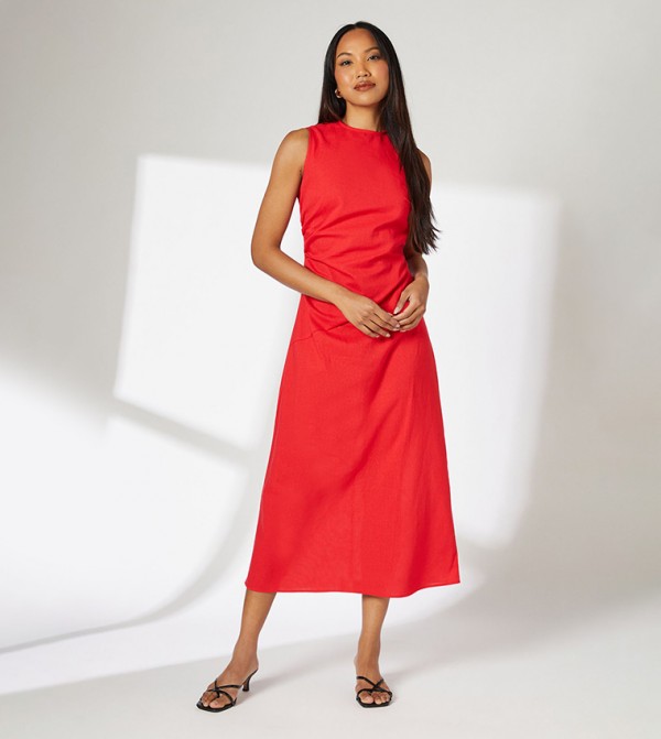 Solid Sleeveless Linen Blend Midi Dress