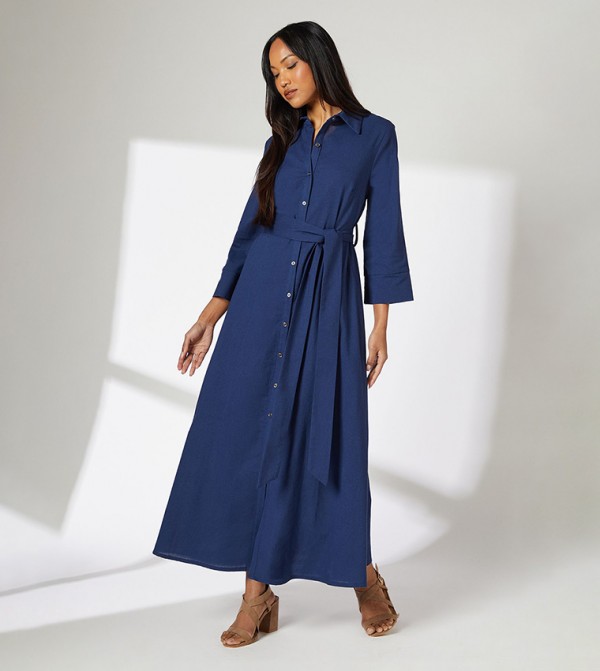 Linen Blend Belted Shirt Dress