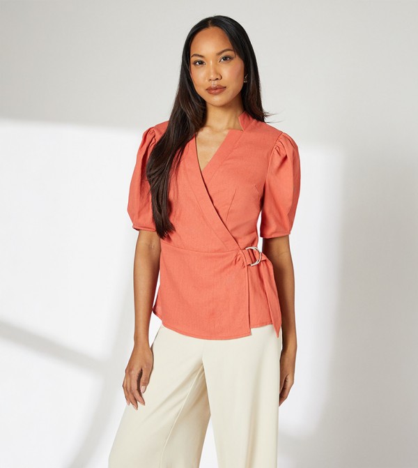 Linen Blend Wrap Top