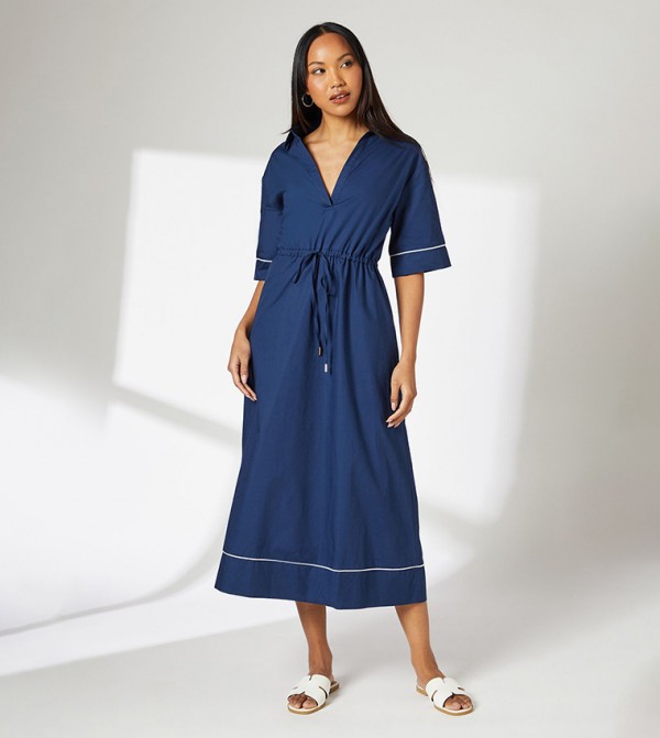 Solid Short Sleeves Poplin Midi Dress