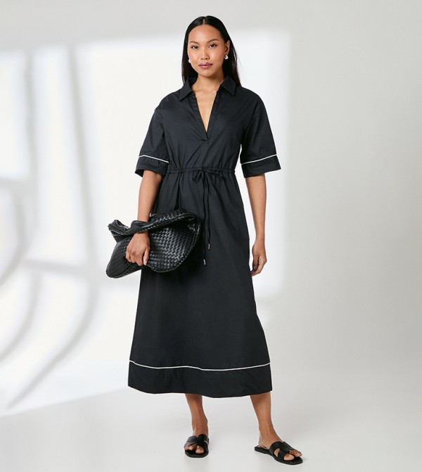 Contrast Poplin Drawstring Midi Dress