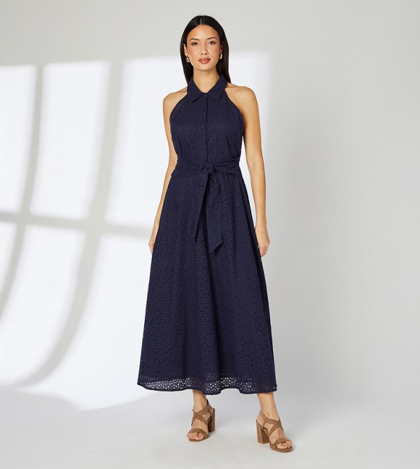 Broderie Halterneck Tie Waist Midi Dress