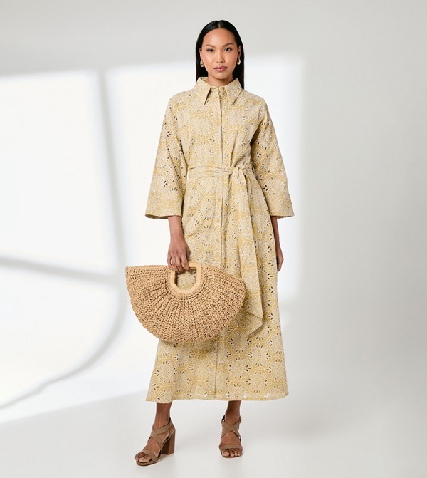 Contrast Broderie Belted Shirt Dress