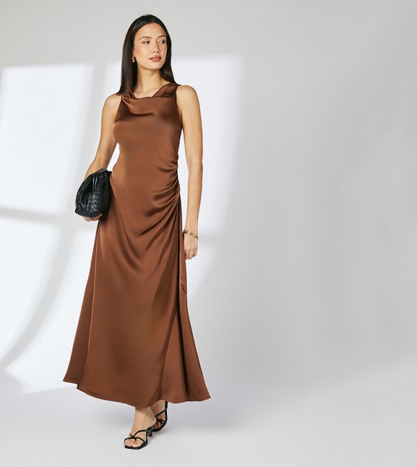 Satin Cowl Neck Midi Dress