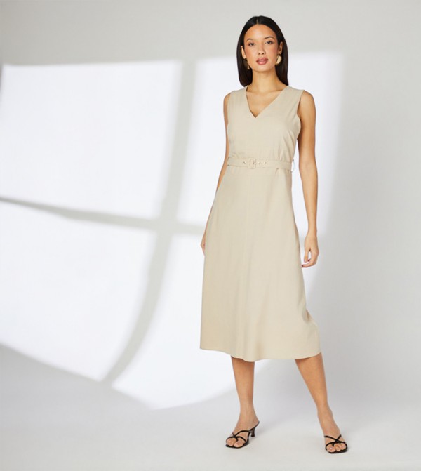 Belt Detail V-Neck Midi Dress