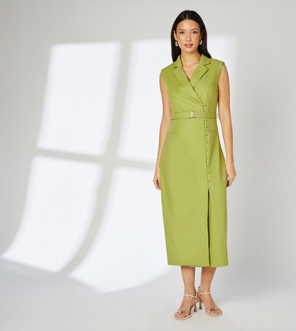 Chartreuse Button Down Belted Midi Blazer Dress