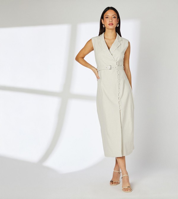 Striped Button Down Belted Midi Blazer Dress