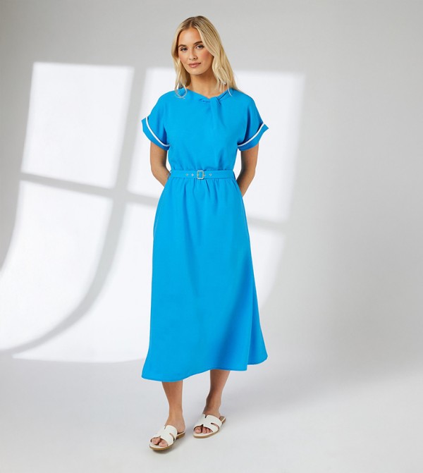Short Sleeves Belted Midi Dress