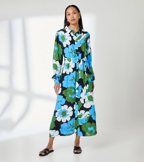 Floral Print  Belted Button Through Shirt Dress