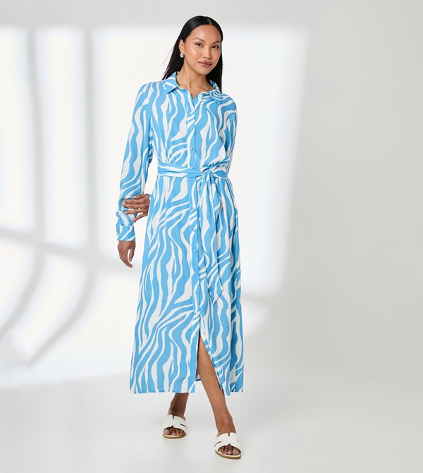 Animal Printed Belted Button Through Shirt Dress