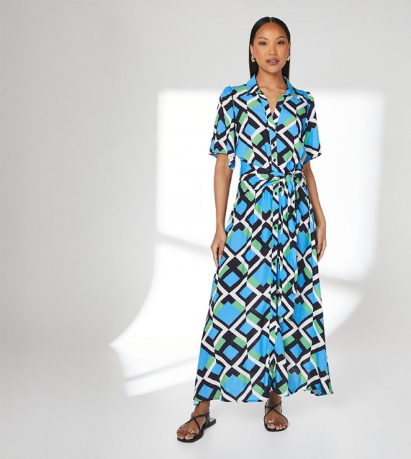 Printed Tie Front Midi Shirt Dress