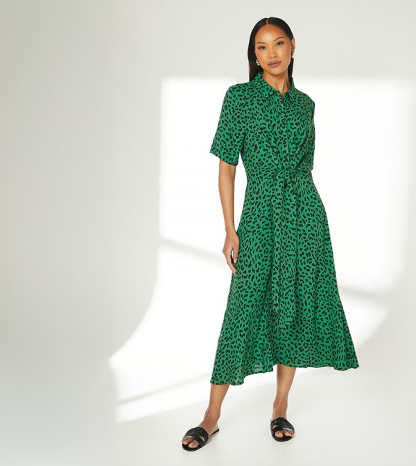 Animal Patterned Tie Front Midi Shirt Dress