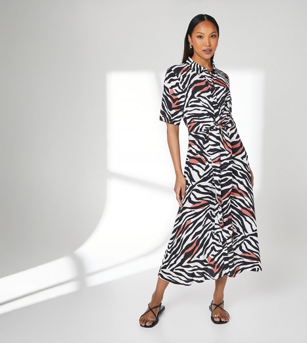 Animal Patterned Tie Front Midi Shirt Dress