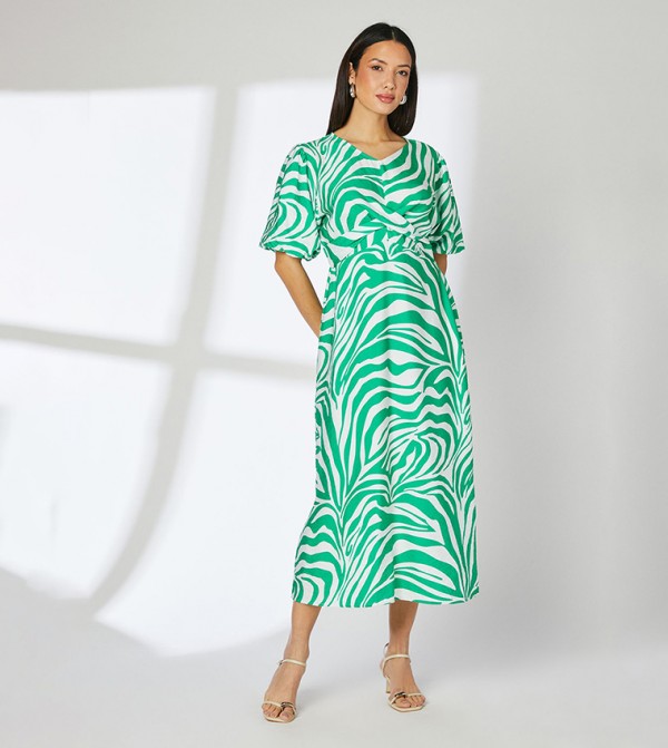 Animal Patterned Tie Front Midi Dress