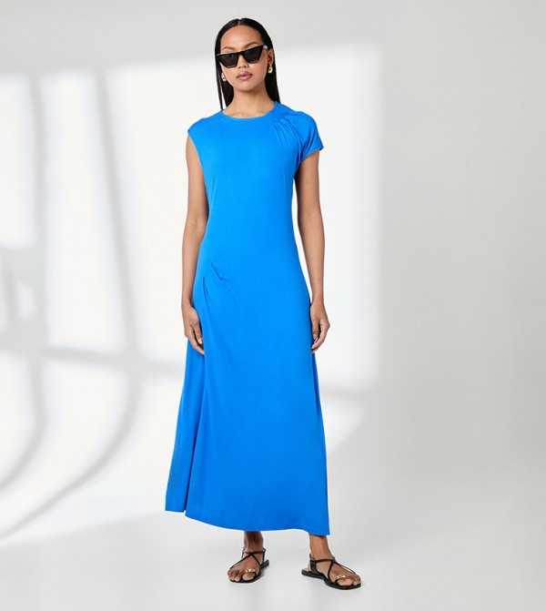 Drape Shoulder Jersey Midi Dress