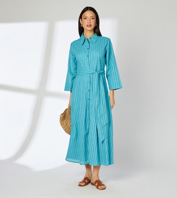 Plain Broderie Belted Shirt Dress