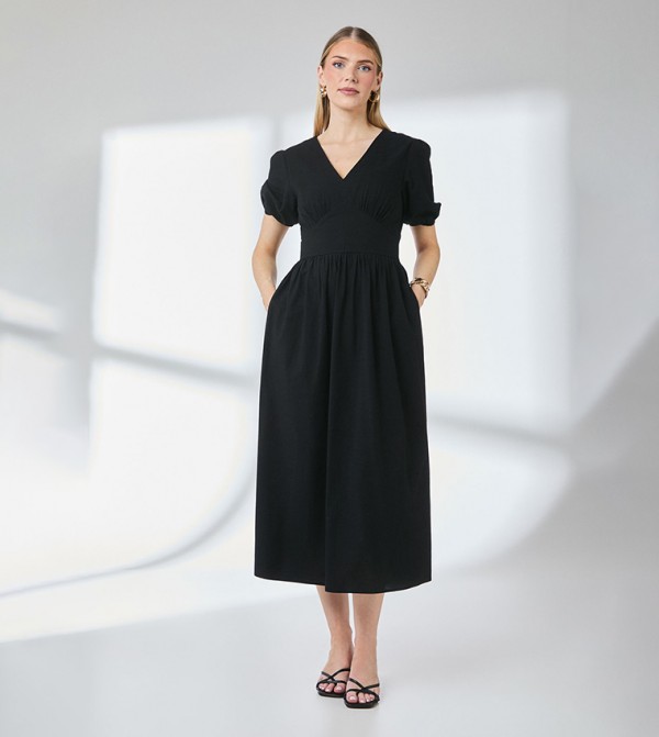 Linen Look Button Detail Midi Dress