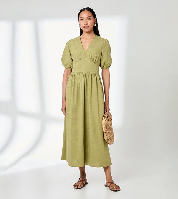 Linen Look V-Neck Midi Dress