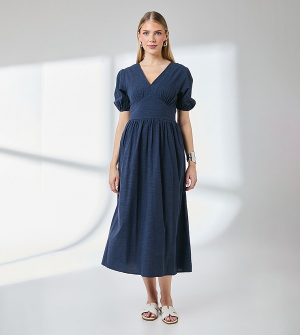 Linen Look V-Neck Midi Dress