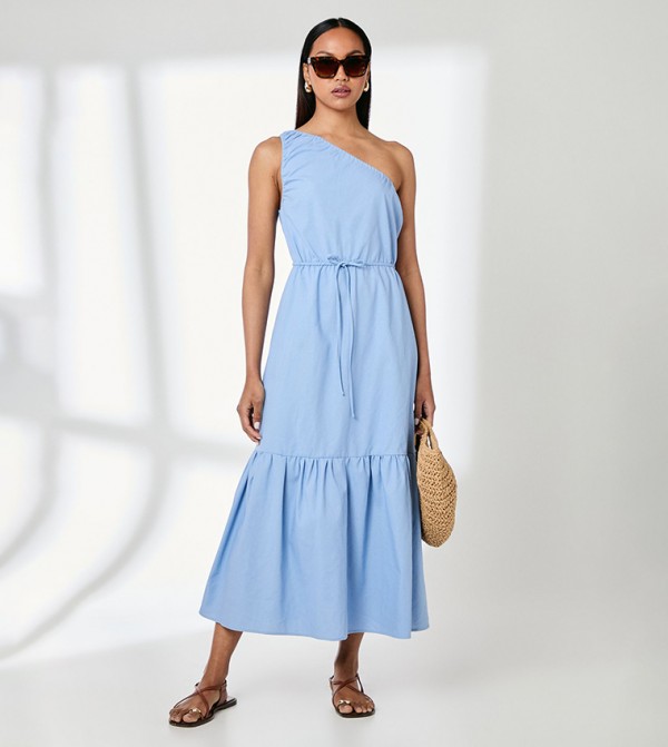 One Shoulder Tiered Linen Mix Midaxi Dress
