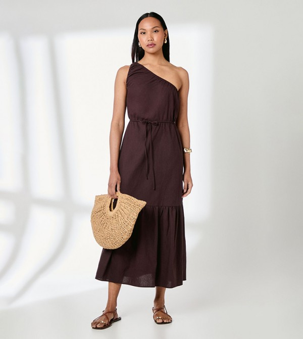 One Shoulder Tiered Linen Mix Midaxi Dress