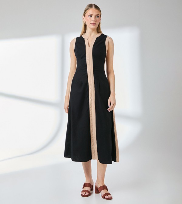 Contrast Stripe Detail Linen Midi Dress