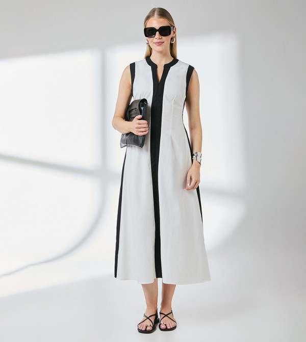 Contrast Stripe Detail Linen Midi Dress