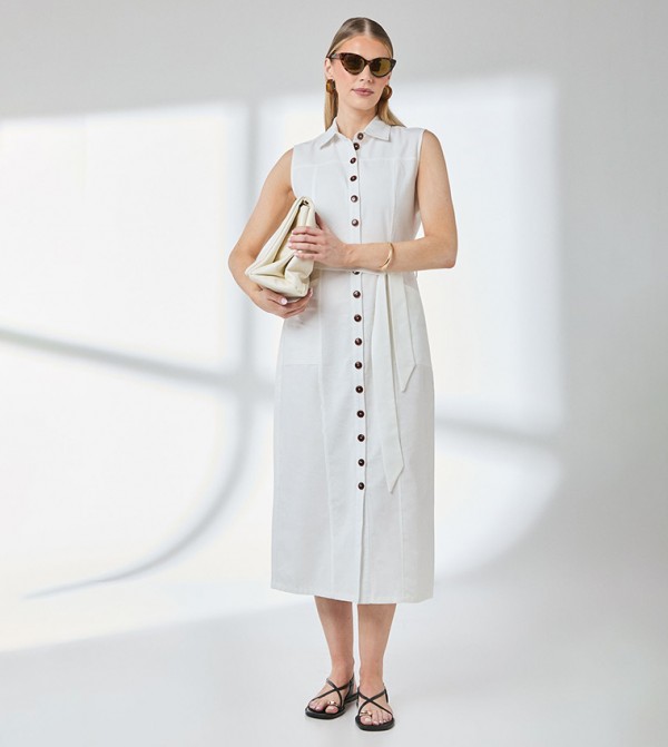 Button Front Linen Column Shirt Dress