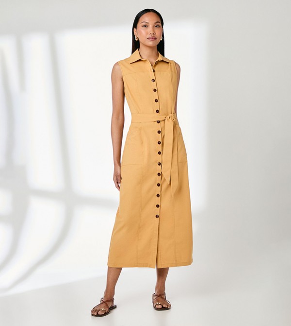 Ochre Button Front Linen Column Shirt Dress